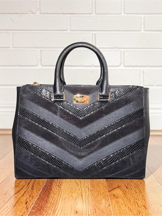 Michael Kors Handbags - Michael Kors Black Saffiano and Suede Leather Chevron-Texture Satchel